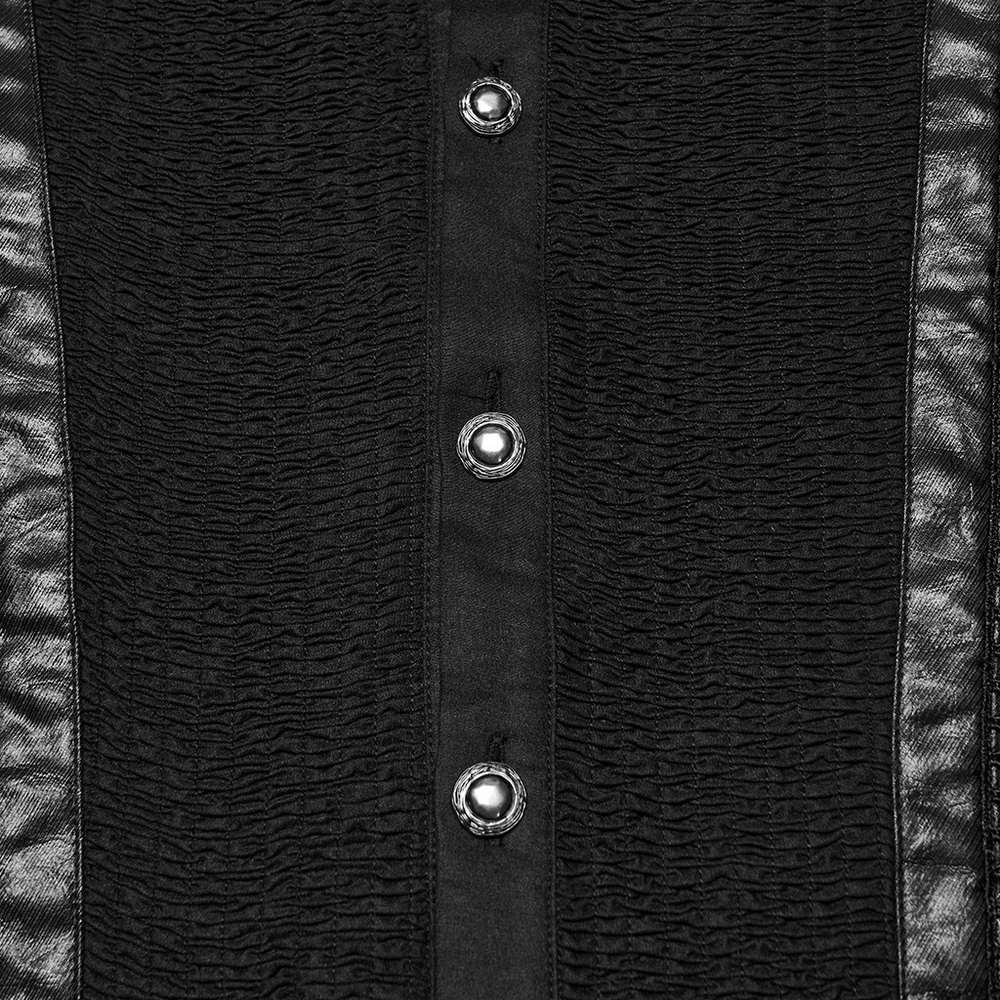 Gothic Pleated Black Shirt with Stand Collar and Buckles