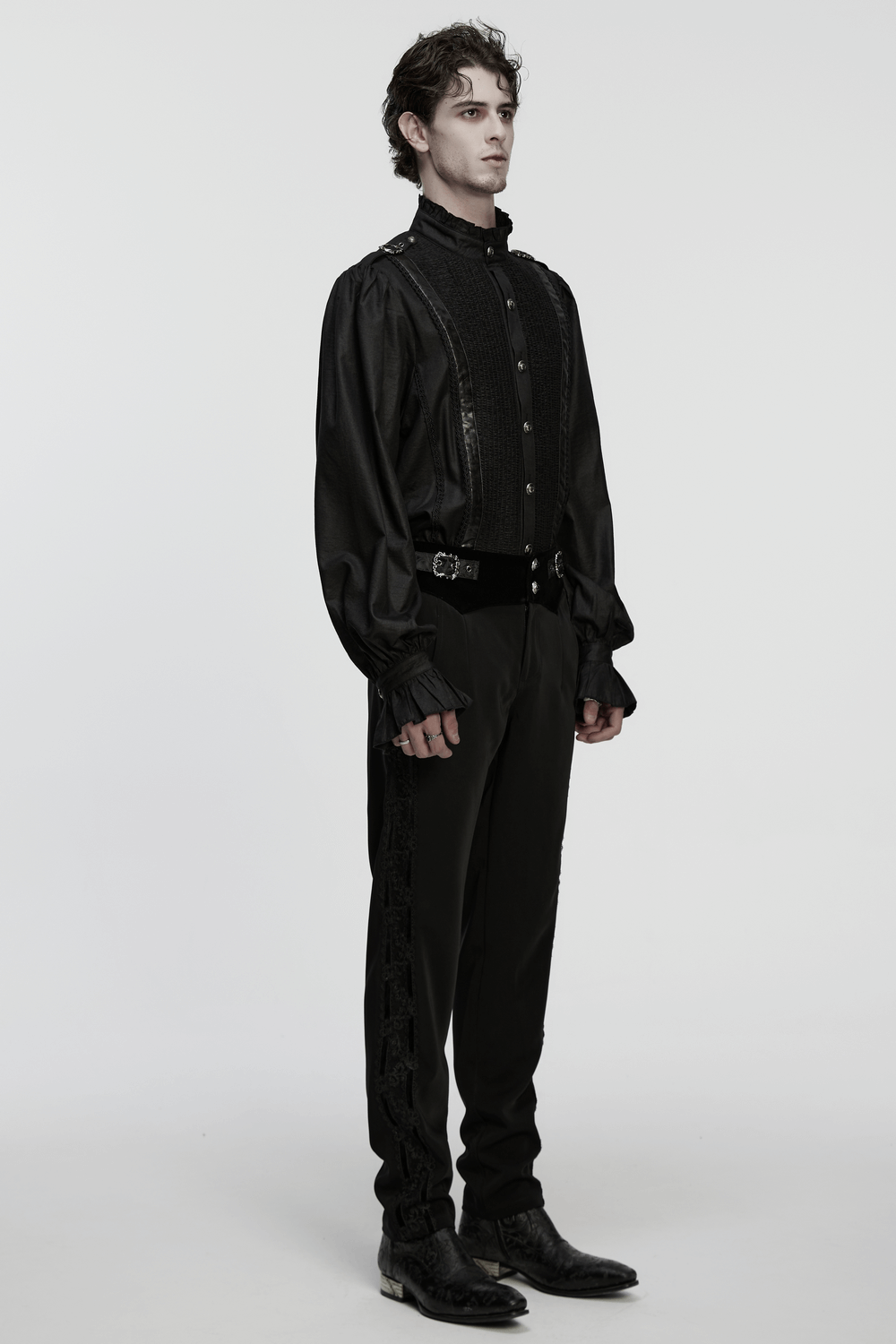 Gothic Pleated Black Shirt with Stand Collar and Buckles