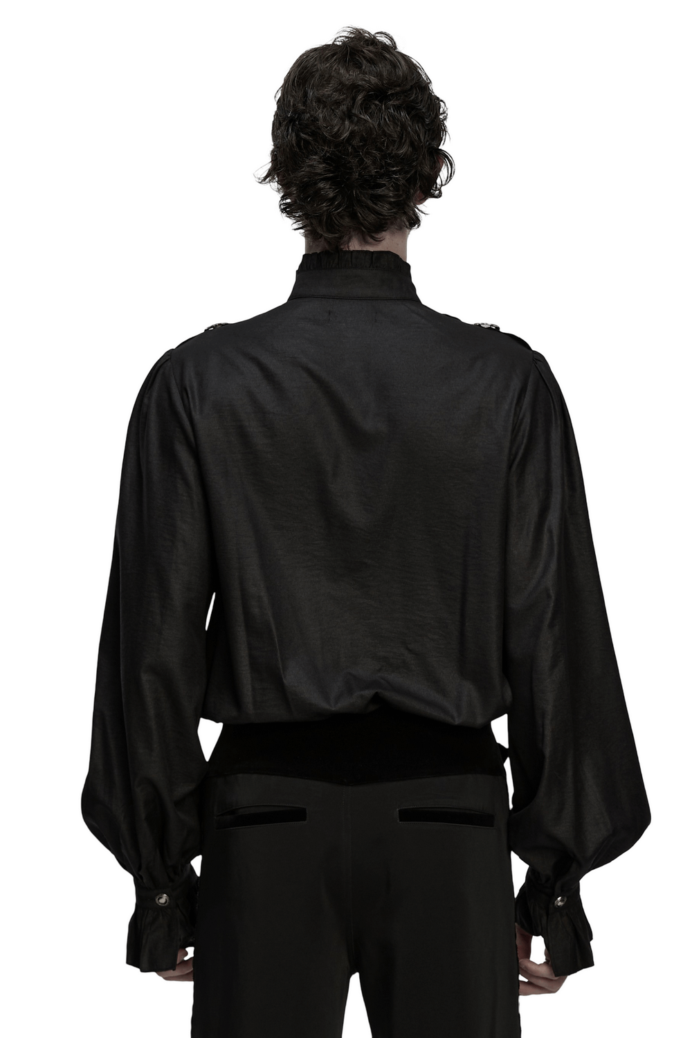 Gothic Pleated Black Shirt with Stand Collar and Buckles
