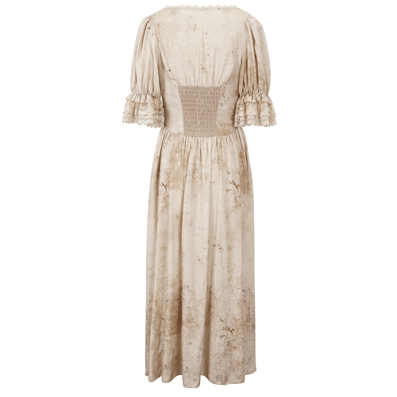 Gothic Puff Sleeves Deep V-Neck Long Dress With Shirred Back