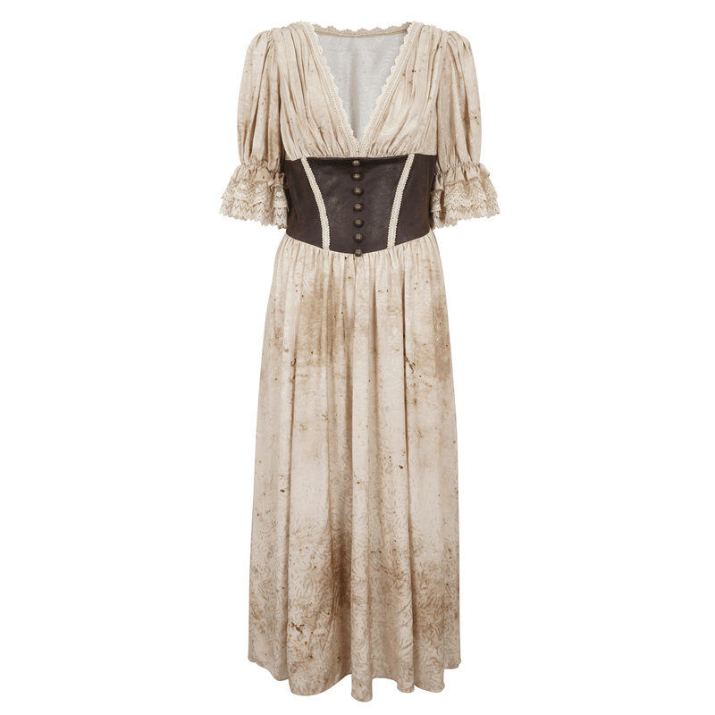Gothic Puff Sleeves Deep V-Neck Long Dress With Shirred Back