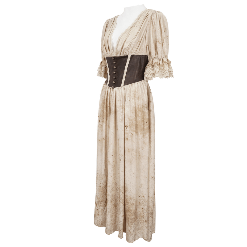 Gothic Puff Sleeves Deep V-Neck Long Dress With Shirred Back