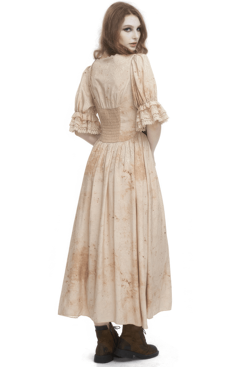Gothic Puff Sleeves Deep V-Neck Long Dress With Shirred Back