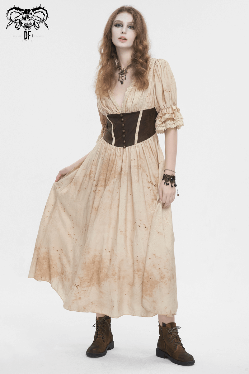 Gothic Puff Sleeves Deep V-Neck Long Dress With Shirred Back