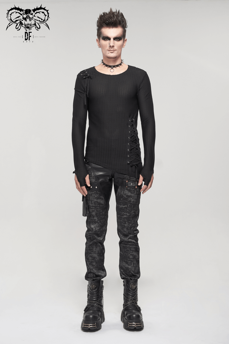 US SALE of Punk Asymmetric Sweatshirt with Lace Up / Mesh Long Sleeve Black Top