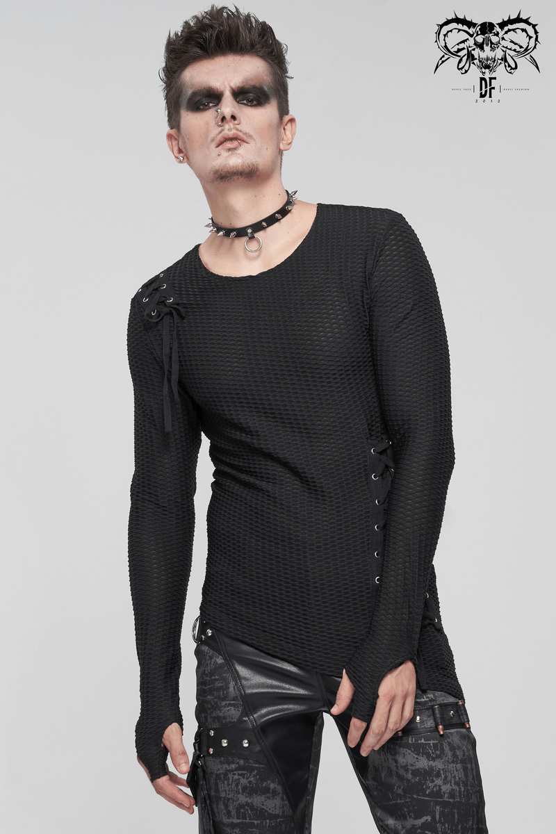US SALE of Punk Asymmetric Sweatshirt with Lace Up / Mesh Long Sleeve Black Top