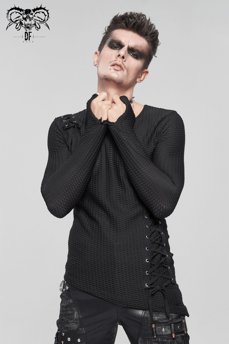 US SALE of Punk Asymmetric Sweatshirt with Lace Up / Mesh Long Sleeve Black Top