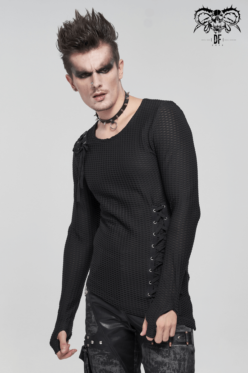 US SALE of Punk Asymmetric Sweatshirt with Lace Up / Mesh Long Sleeve Black Top