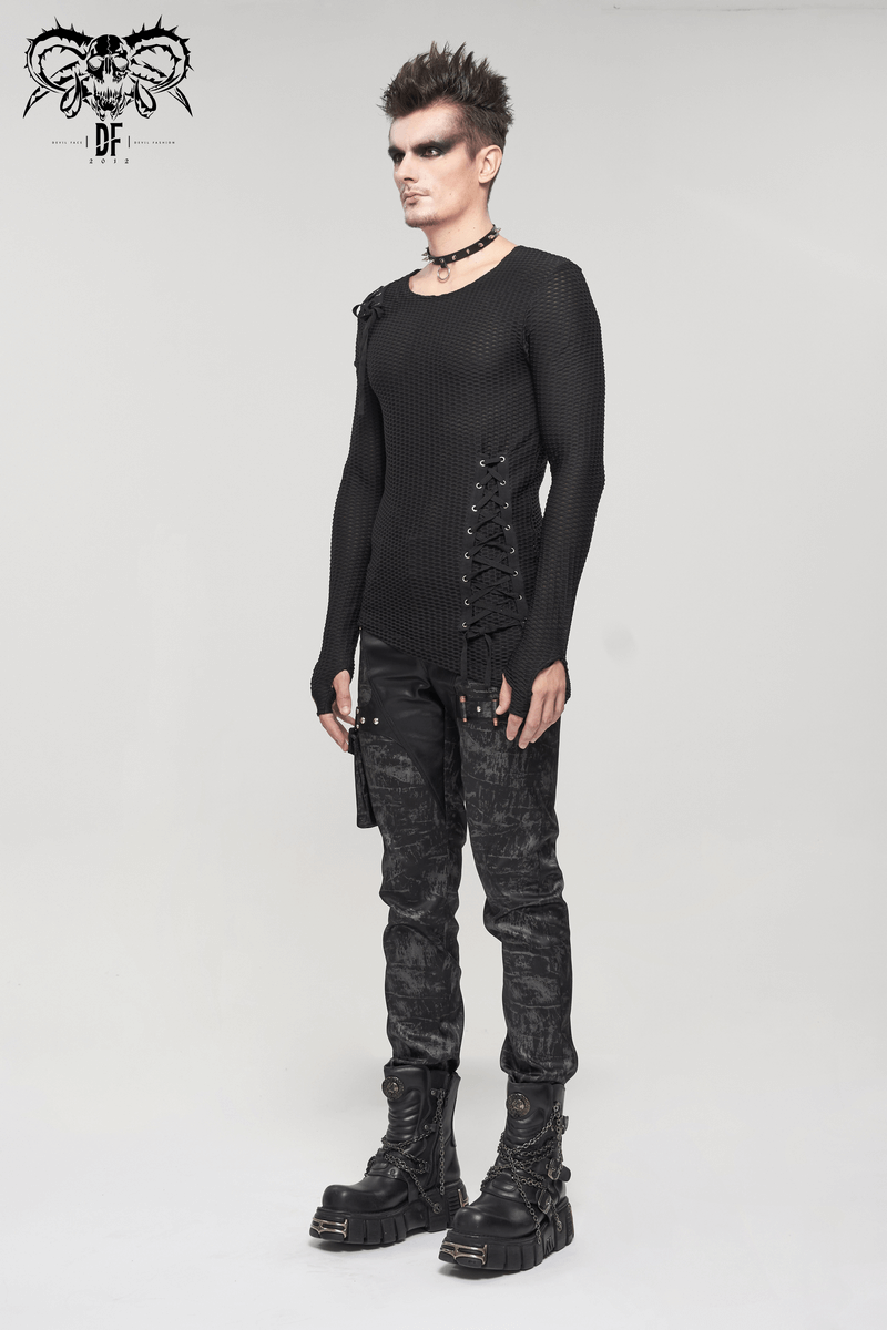 US SALE of Punk Asymmetric Sweatshirt with Lace Up / Mesh Long Sleeve Black Top