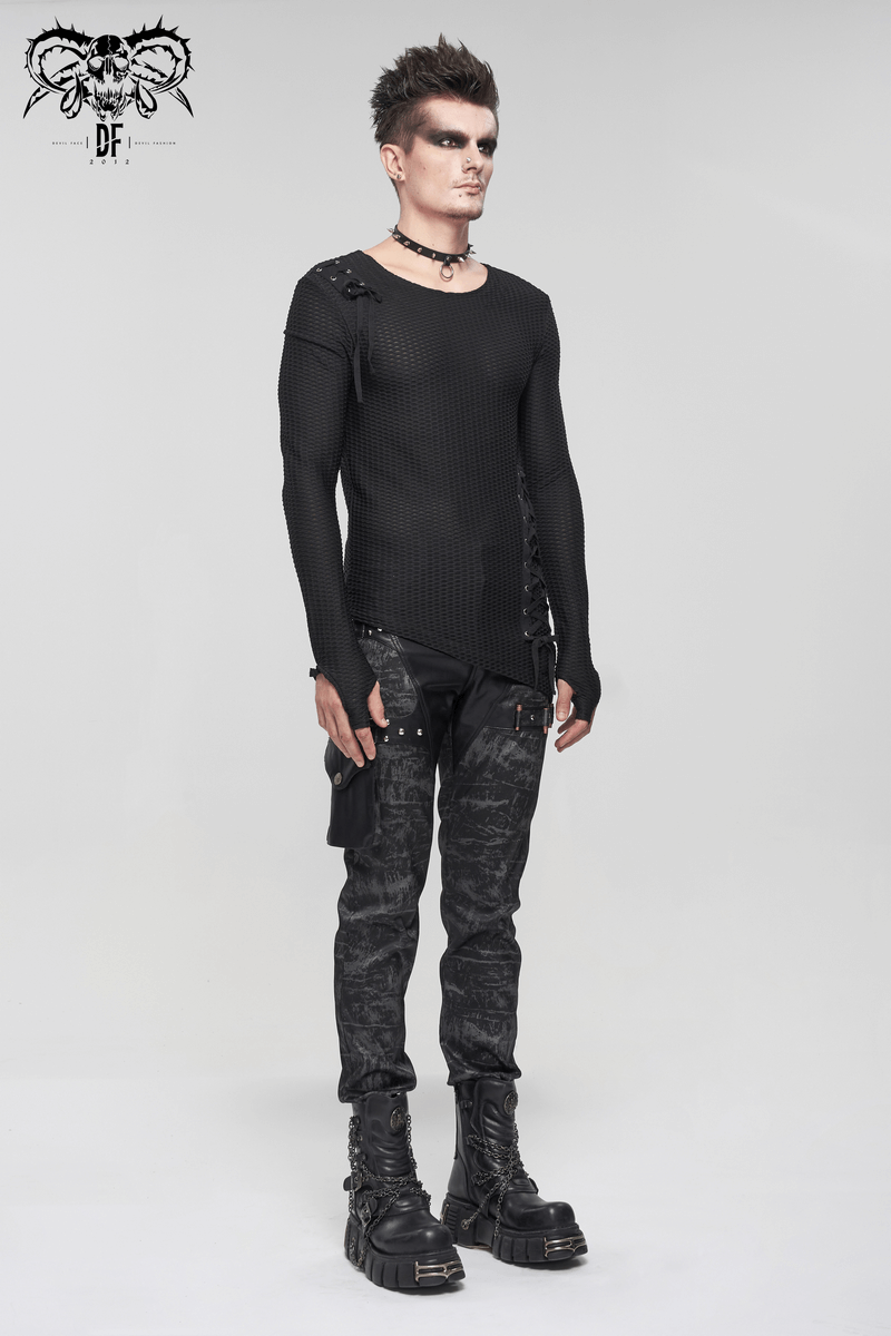 US SALE of Punk Asymmetric Sweatshirt with Lace Up / Mesh Long Sleeve Black Top