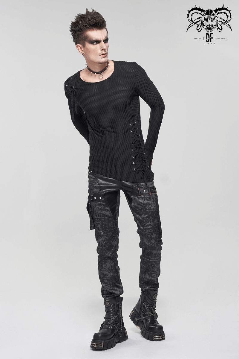 US SALE of Punk Asymmetric Sweatshirt with Lace Up / Mesh Long Sleeve Black Top