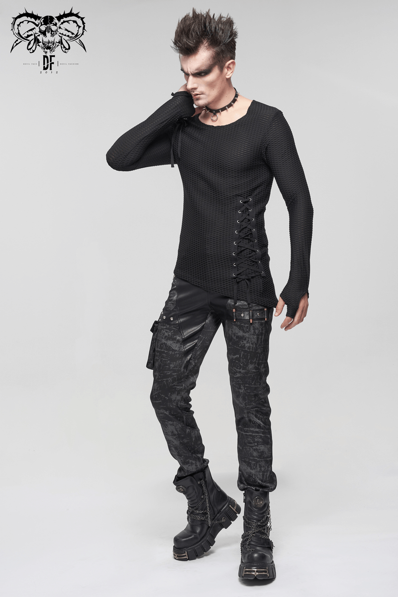 US SALE of Punk Asymmetric Sweatshirt with Lace Up / Mesh Long Sleeve Black Top