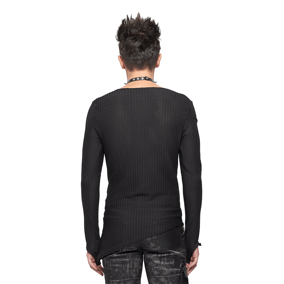 US SALE of Punk Asymmetric Sweatshirt with Lace Up / Mesh Long Sleeve Black Top