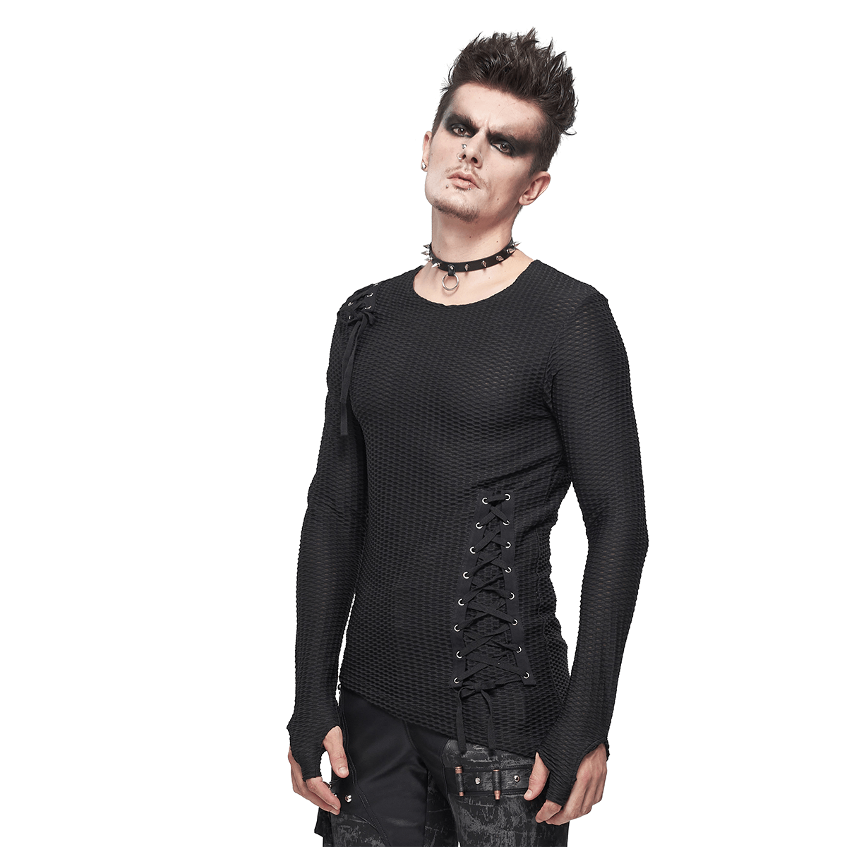 US SALE of Punk Asymmetric Sweatshirt with Lace Up / Mesh Long Sleeve Black Top