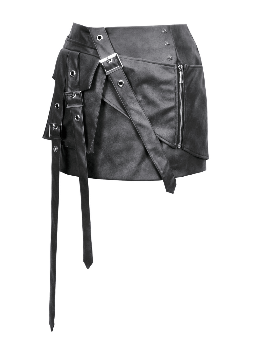 Gothic Punk Black Faux Leather Mini Skirt with Belts
