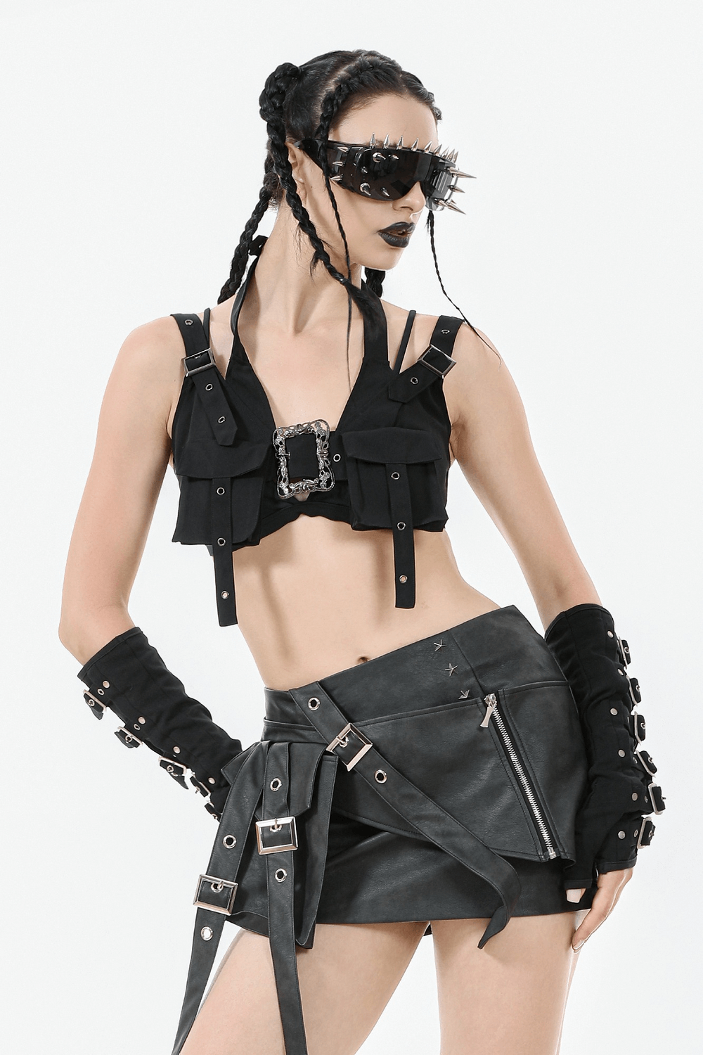 Gothic Punk Black Faux Leather Mini Skirt with Belts