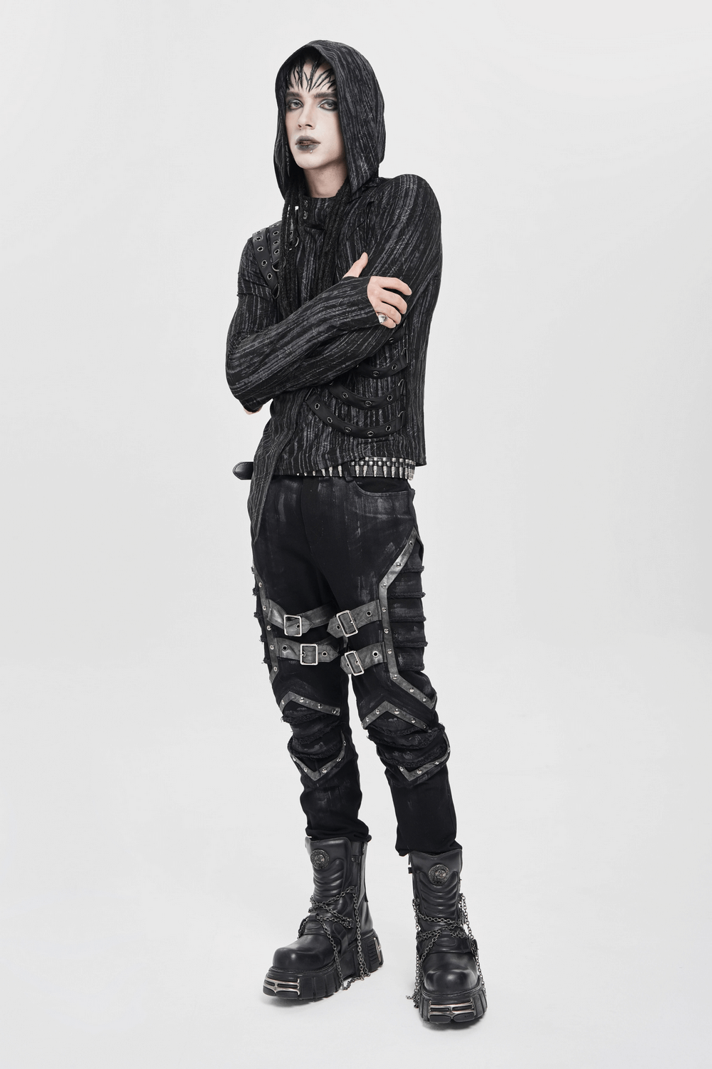 Gothic Punk Buckled Pants with Distressed Metal Details