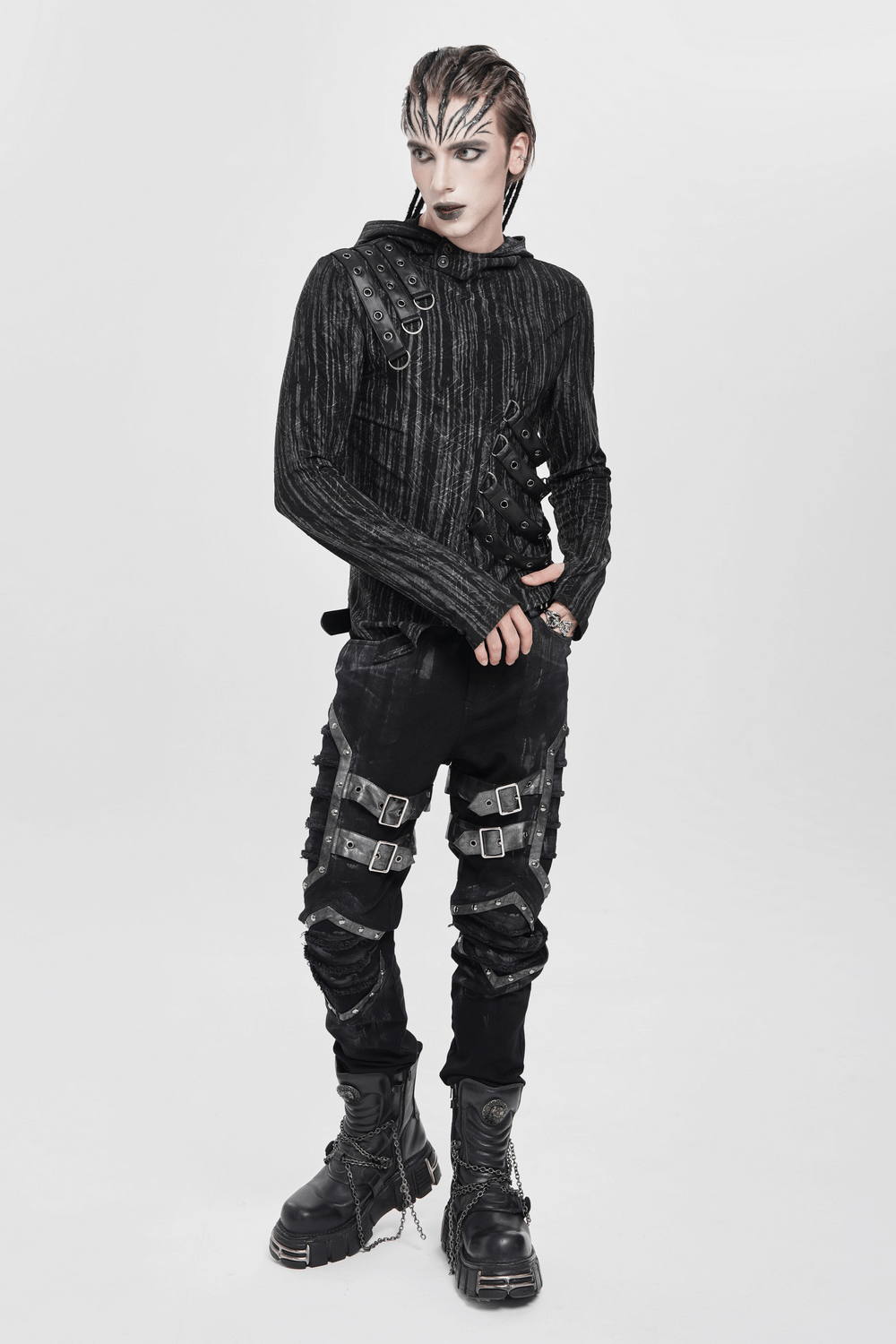 Gothic Punk Buckled Pants with Distressed Metal Details