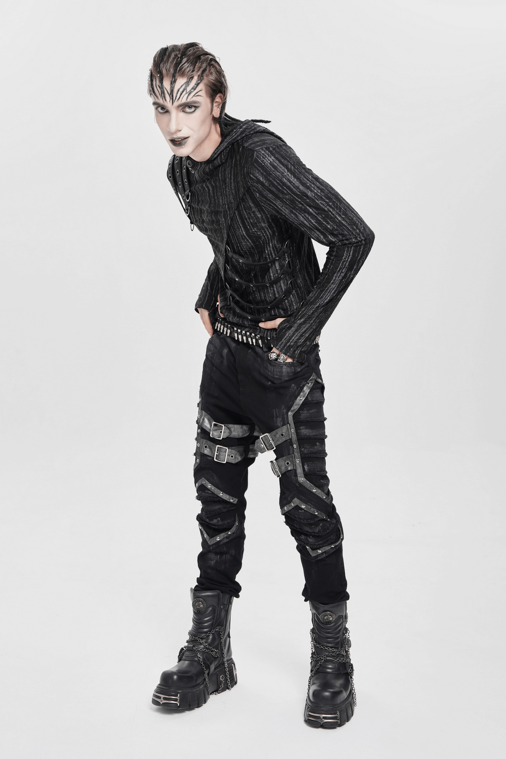 Gothic Punk Buckled Pants with Distressed Metal Details