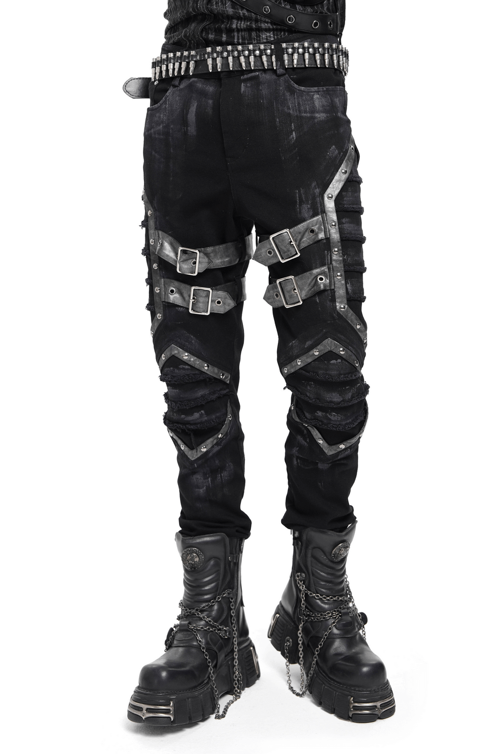 Gothic Punk Buckled Pants with Distressed Metal Details