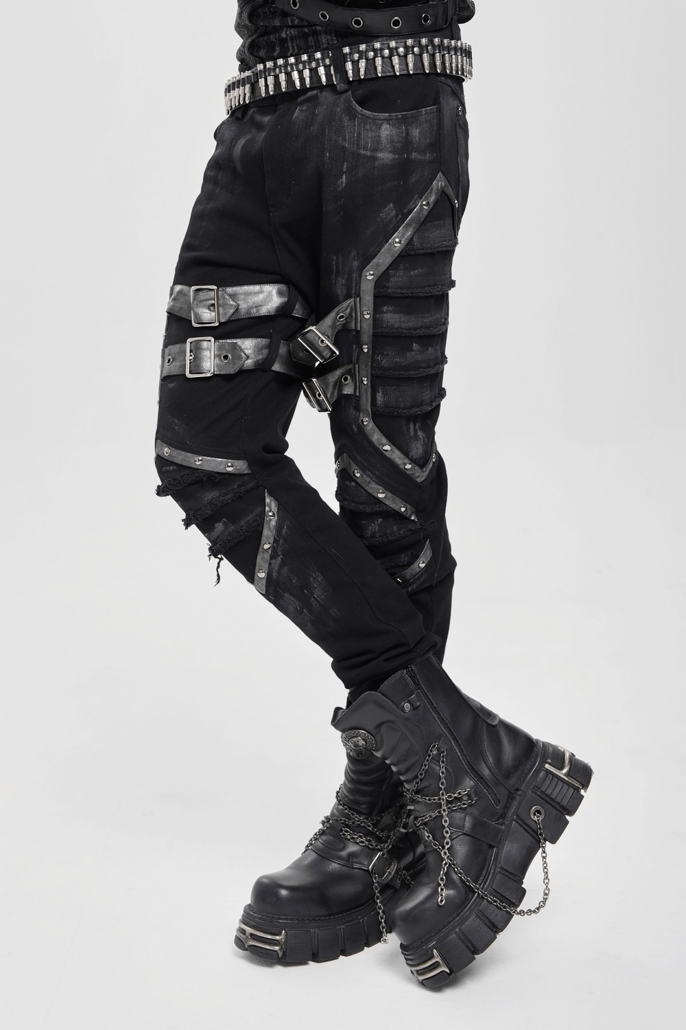 Gothic Punk Buckled Pants with Distressed Metal Details