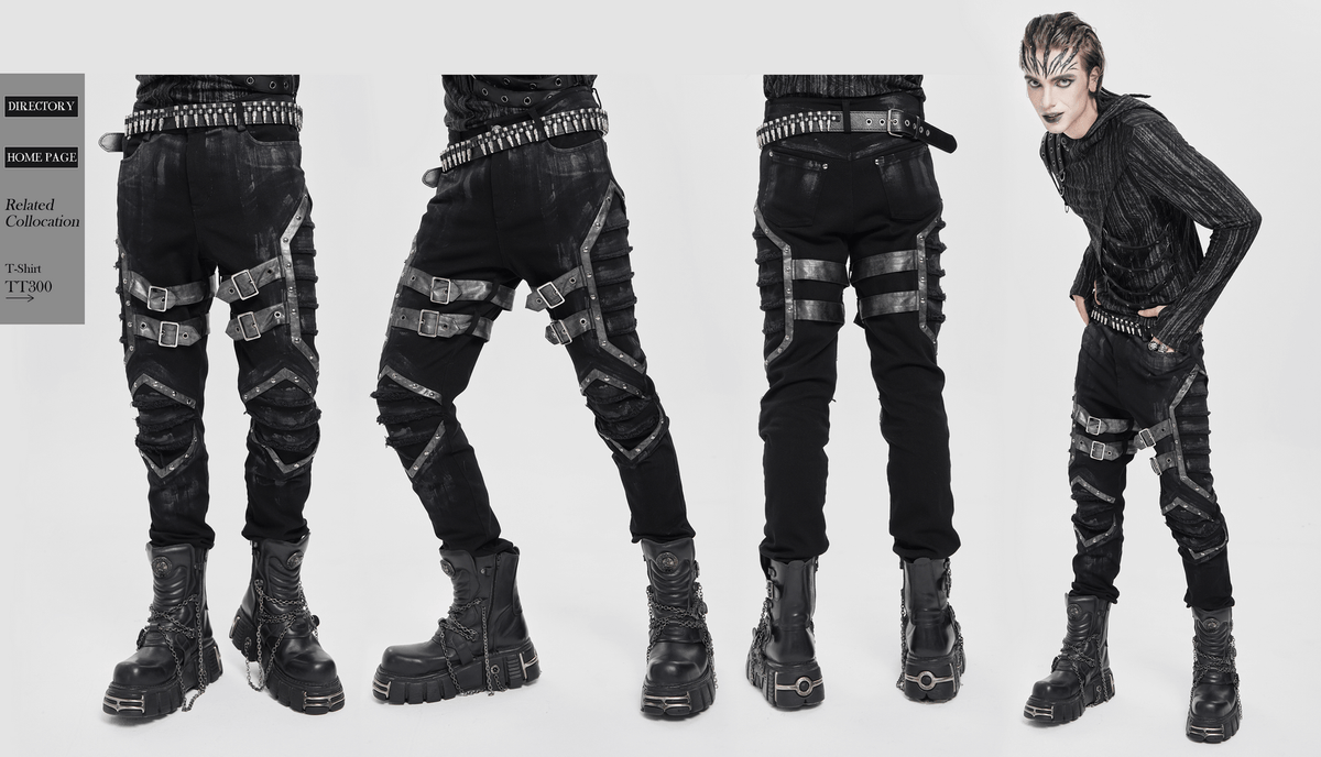 Gothic Punk Buckled Pants with Distressed Metal Details