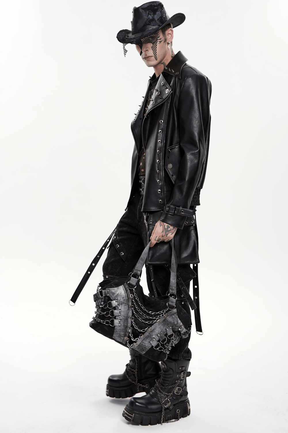 Gothic Punk Chain Shoulder Bag with Buckle Straps