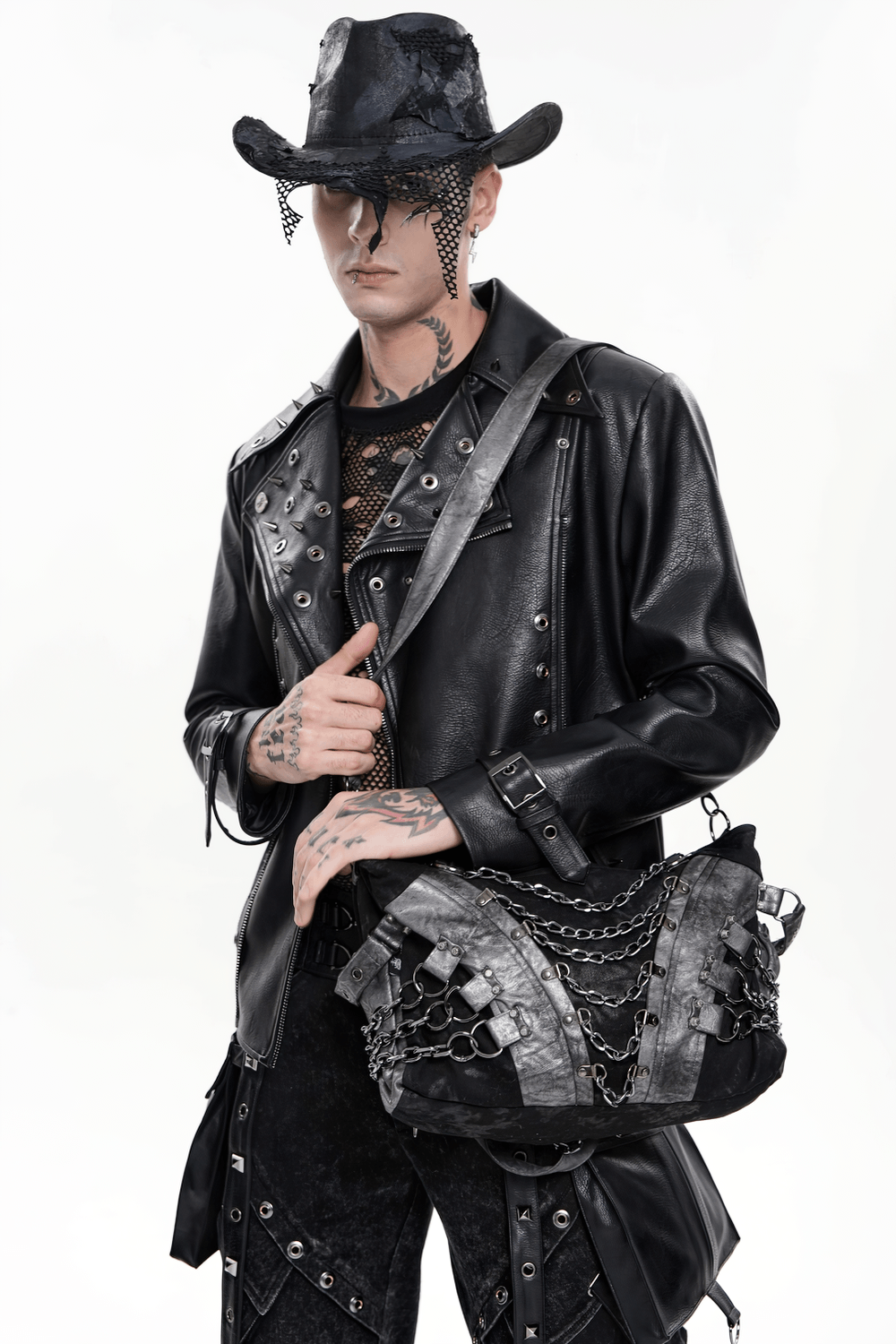 Gothic Punk Chain Shoulder Bag with Buckle Straps