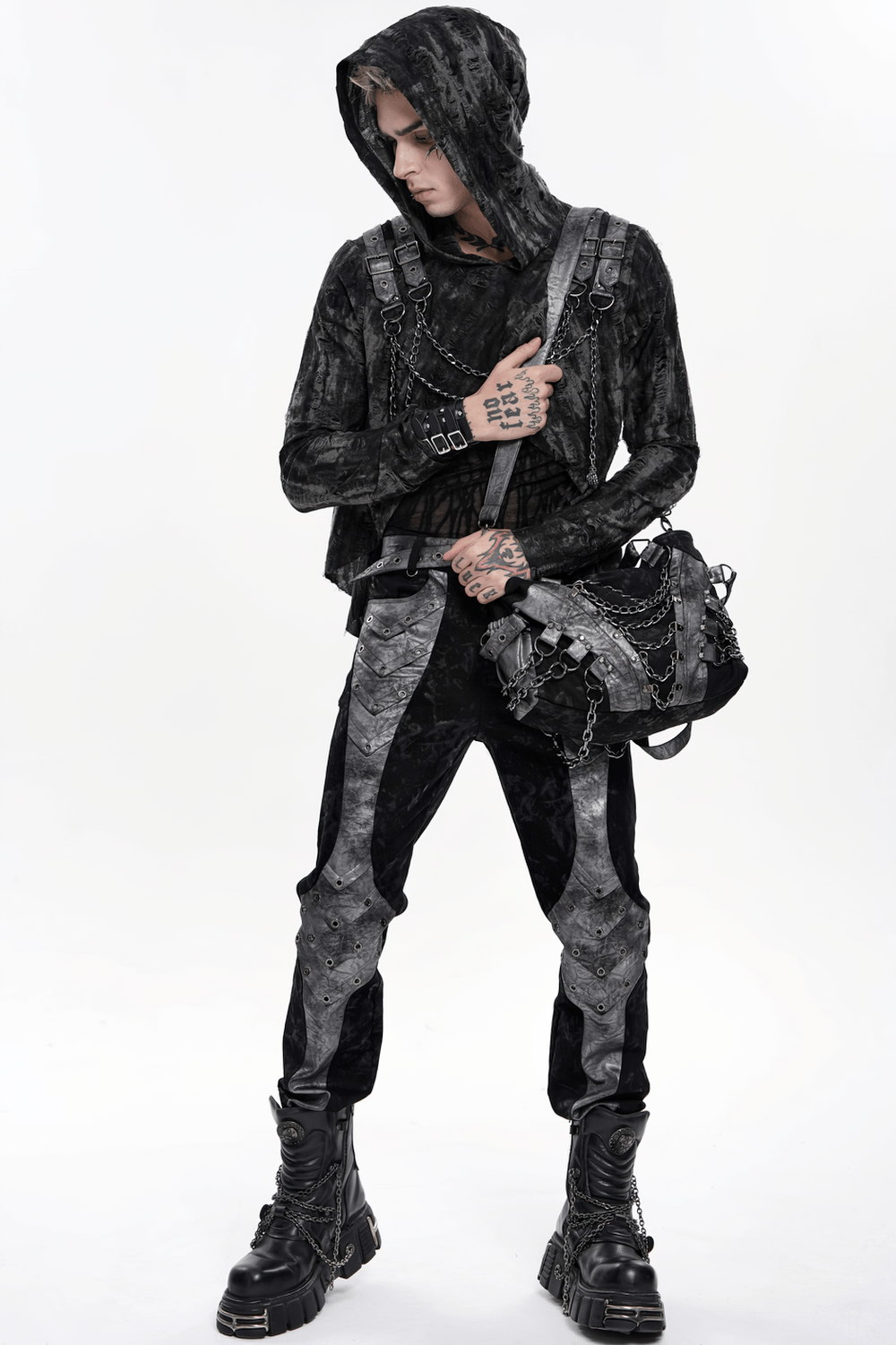 Gothic Punk Chain Shoulder Bag with Buckle Straps