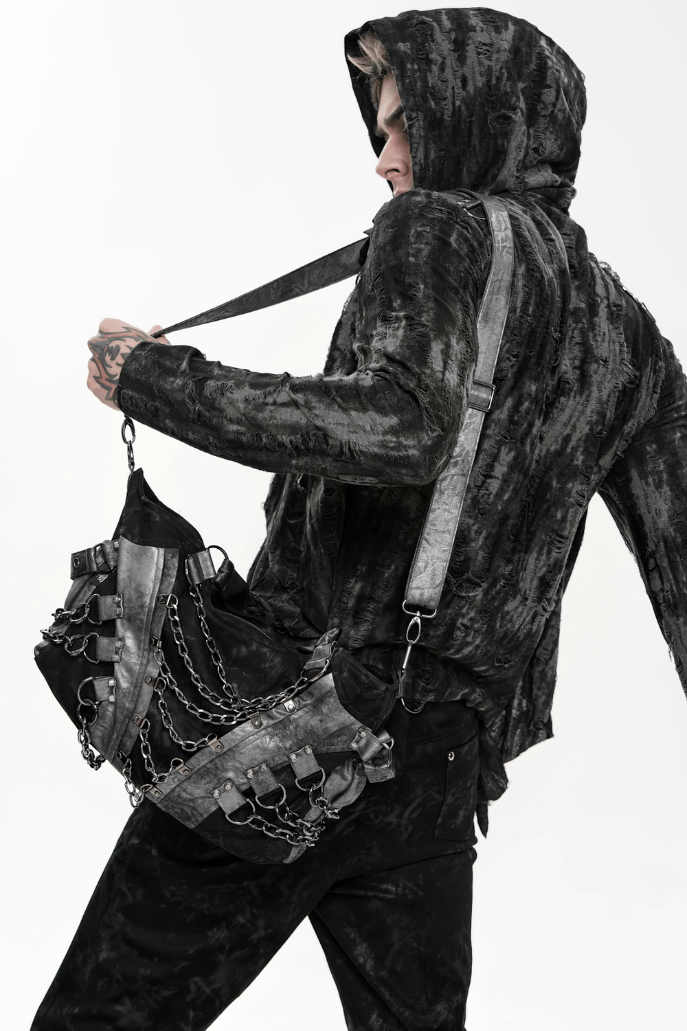 Gothic Punk Chain Shoulder Bag with Buckle Straps