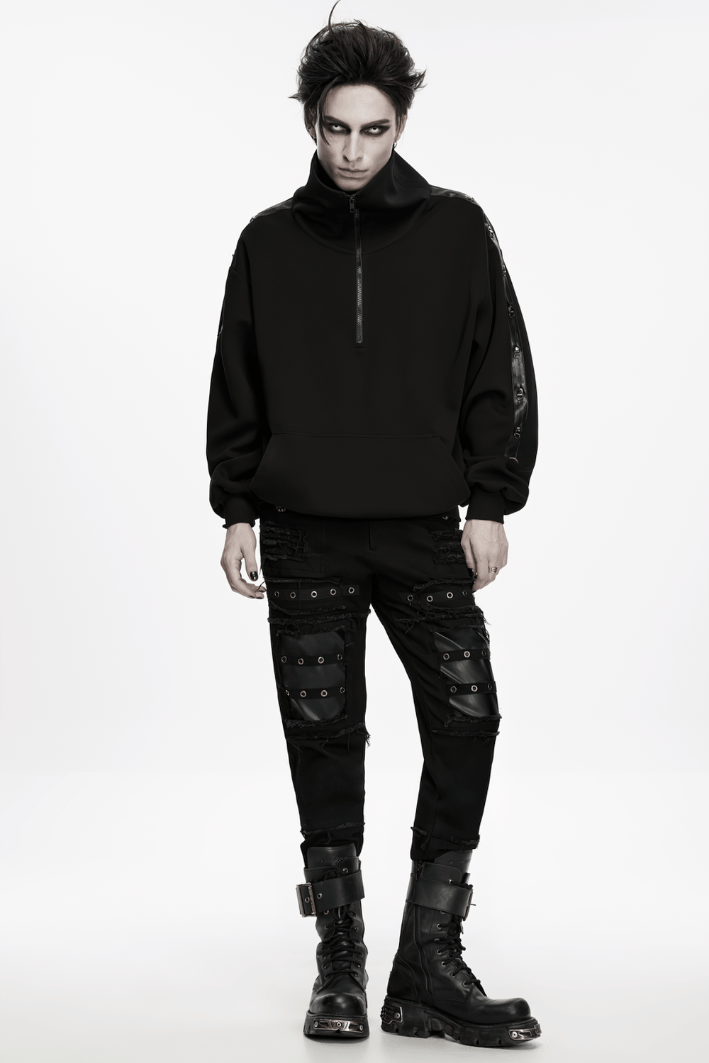 Gothic Punk Distressed Tapered Pants with Eyelet Straps