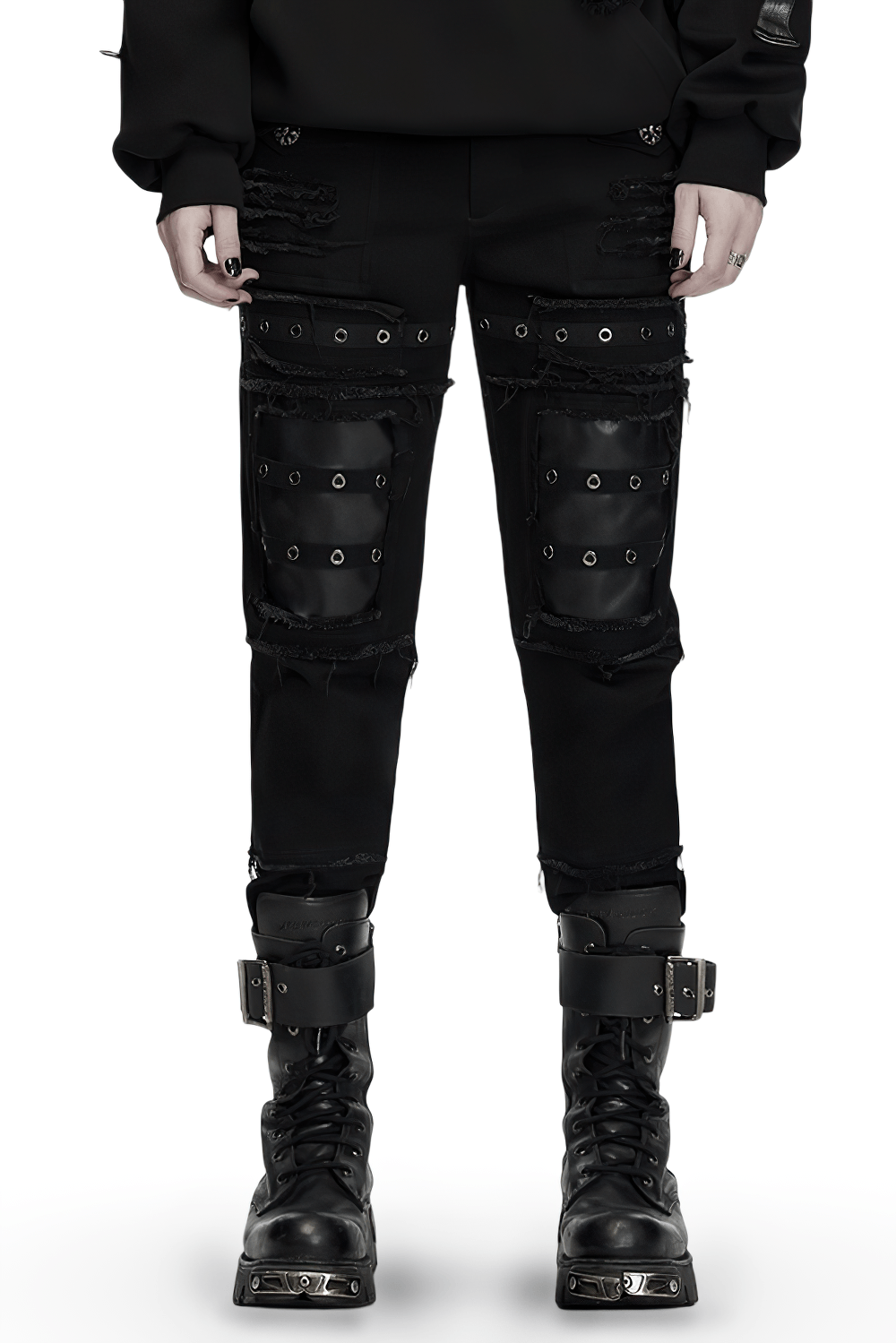 Gothic Punk Distressed Tapered Pants with Eyelet Straps
