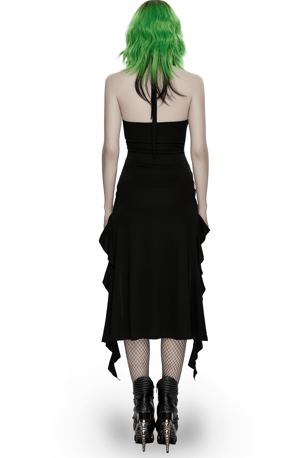 Gothic Punk Halter Mesh Dress With Ruffled Hem