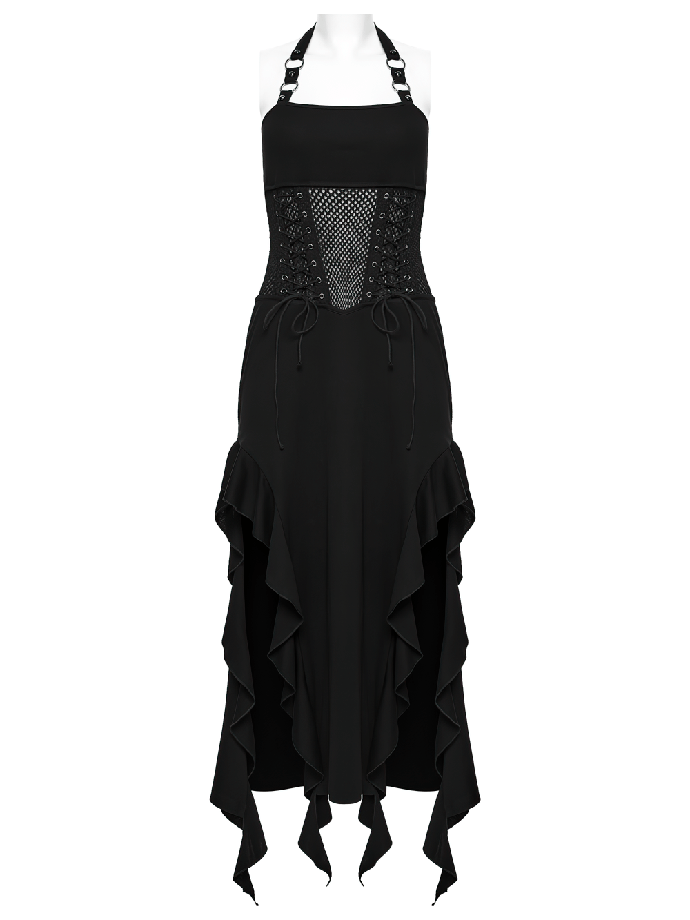 Gothic Punk Halter Mesh Dress With Ruffled Hem