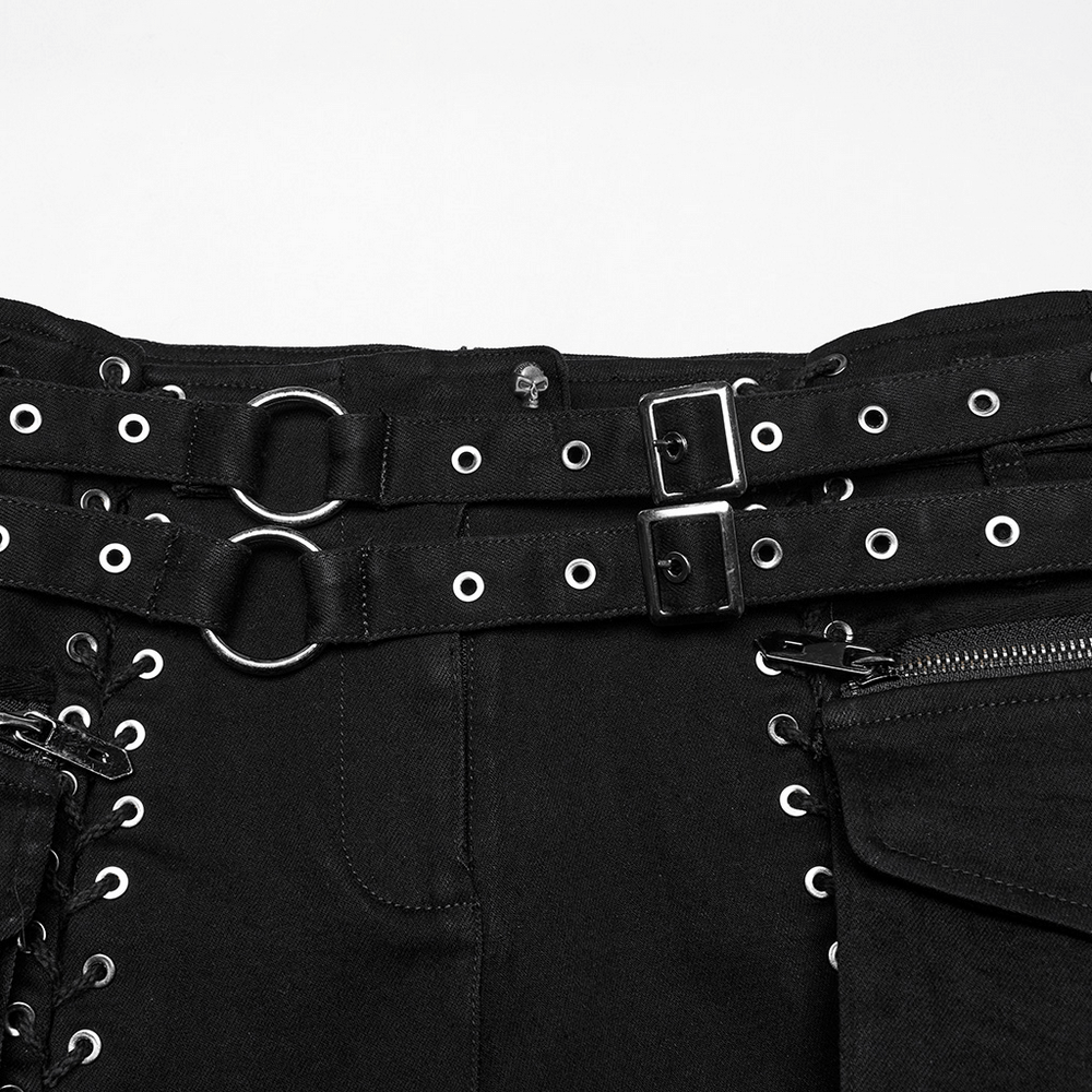 Gothic Punk Lace-Up Shorts with Double Belt Detail