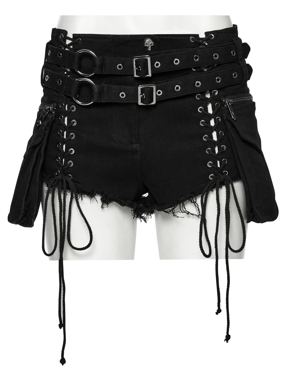 Gothic Punk Lace-Up Shorts with Double Belt Detail