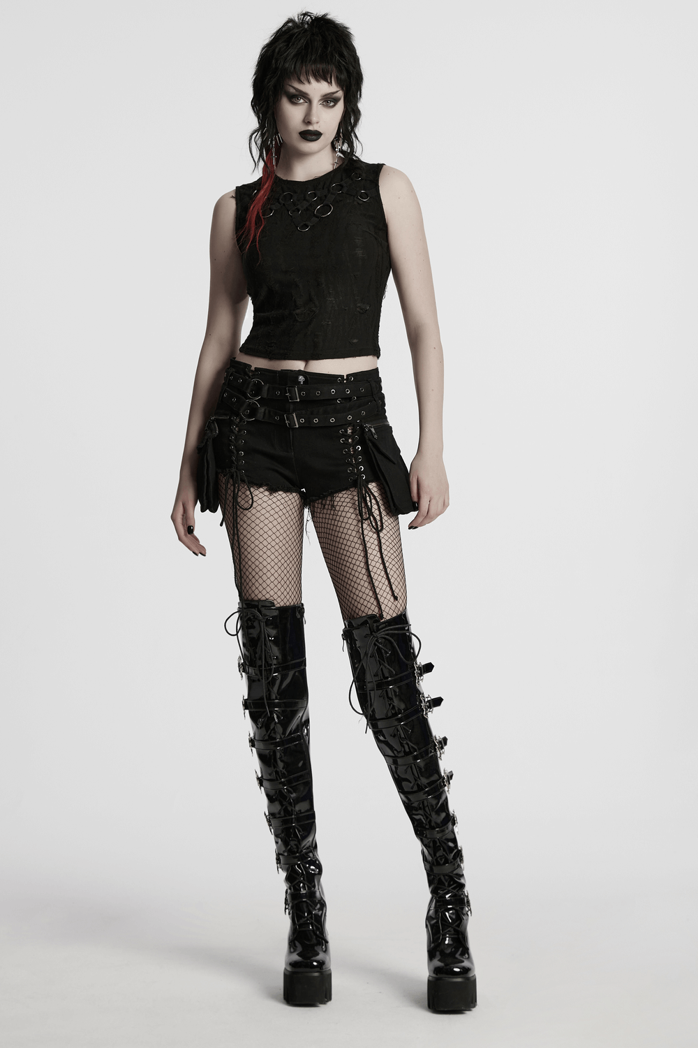 Gothic Punk Lace-Up Shorts with Double Belt Detail