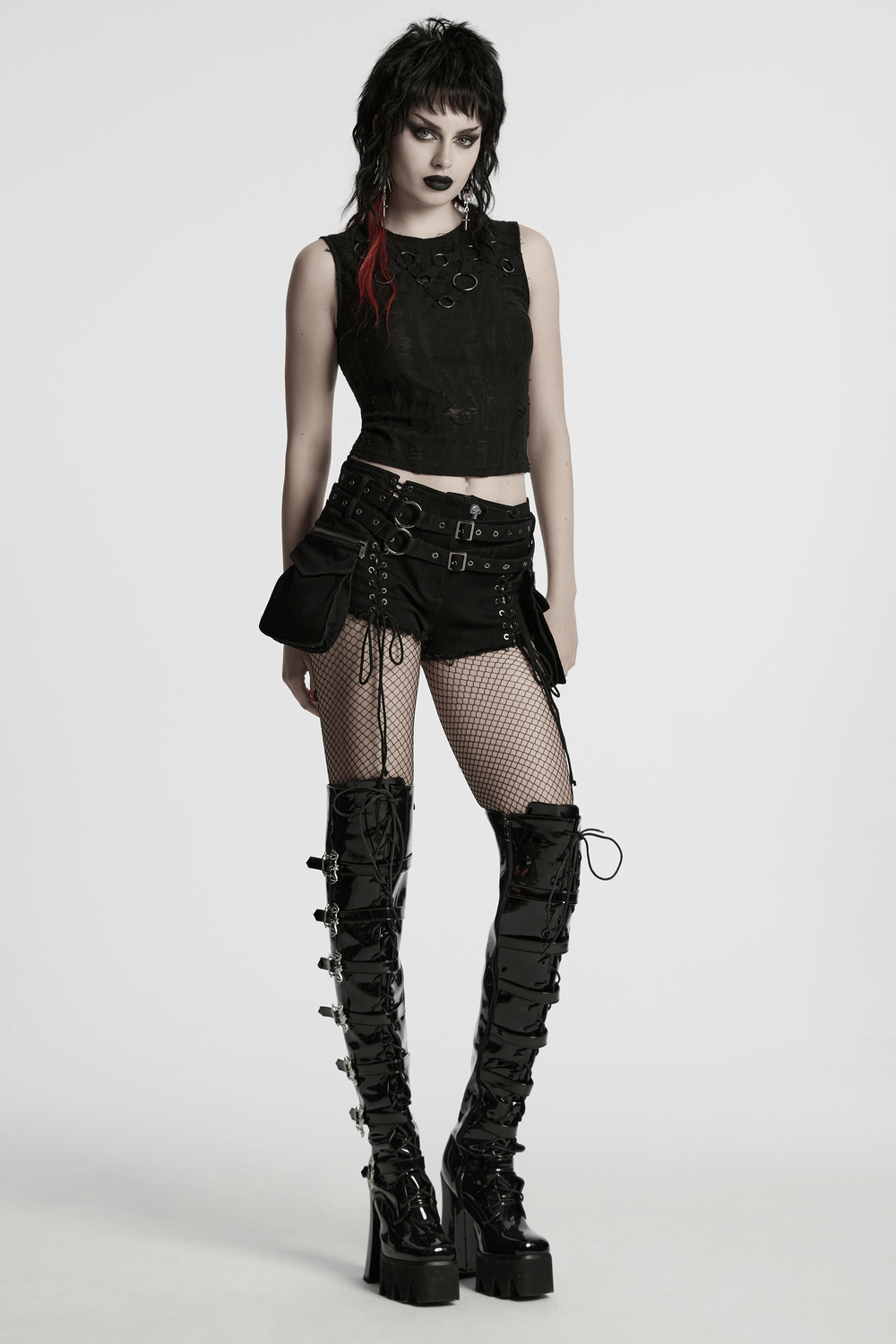 Gothic Punk Lace-Up Shorts with Double Belt Detail