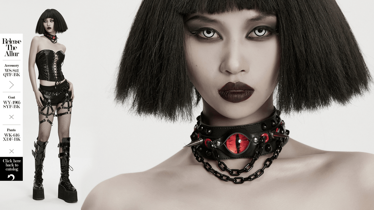Gothic Punk Leather Choker with Demon Eye and Chains