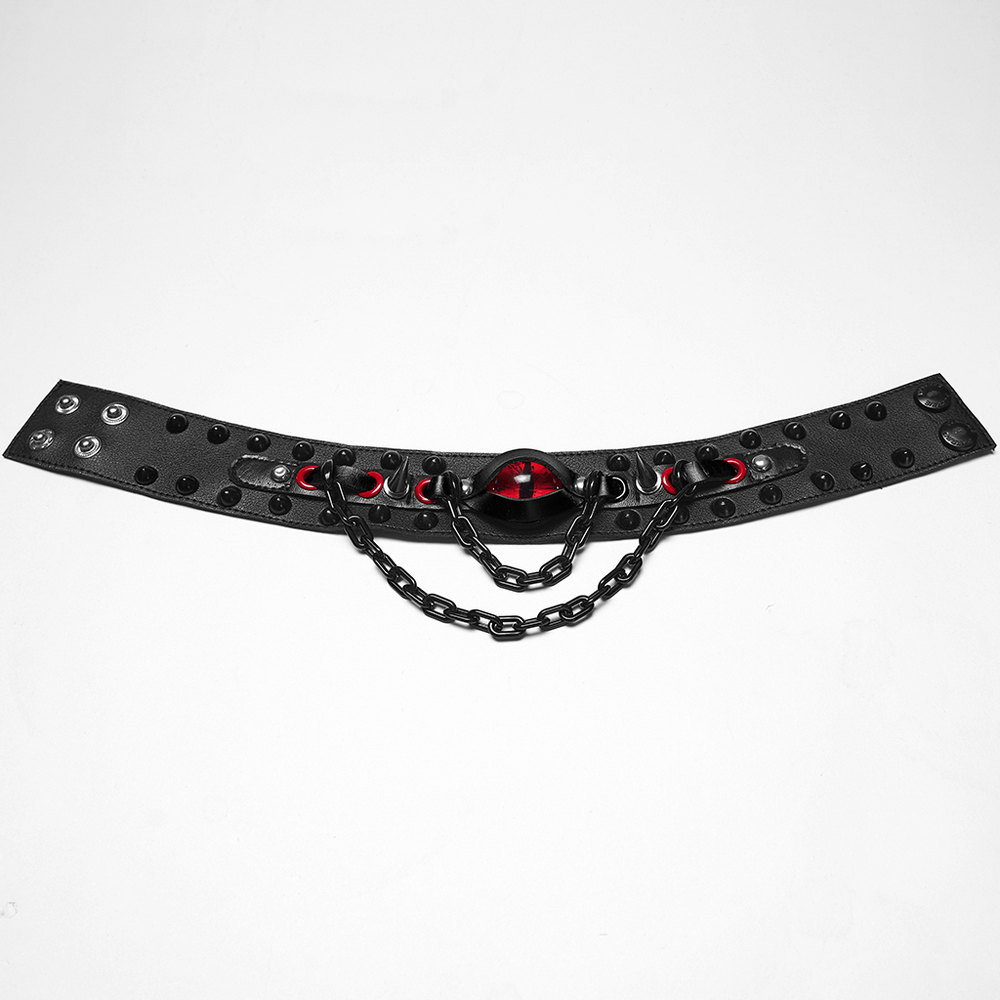 Gothic Punk Leather Choker with Demon Eye and Chains