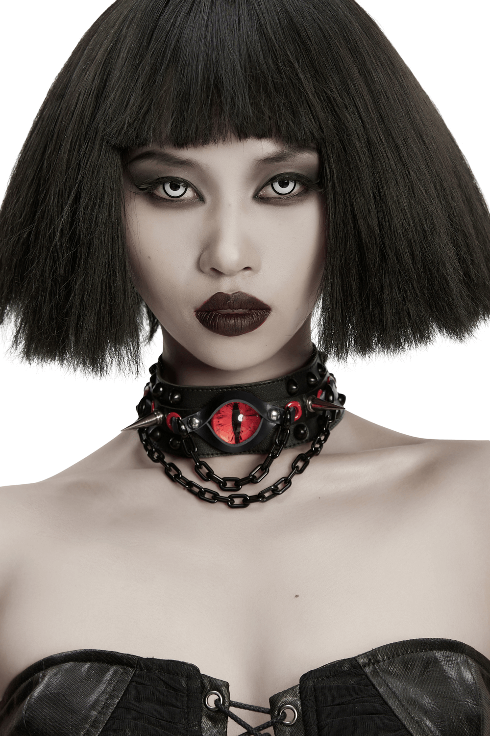 Gothic Punk Leather Choker with Demon Eye and Chains