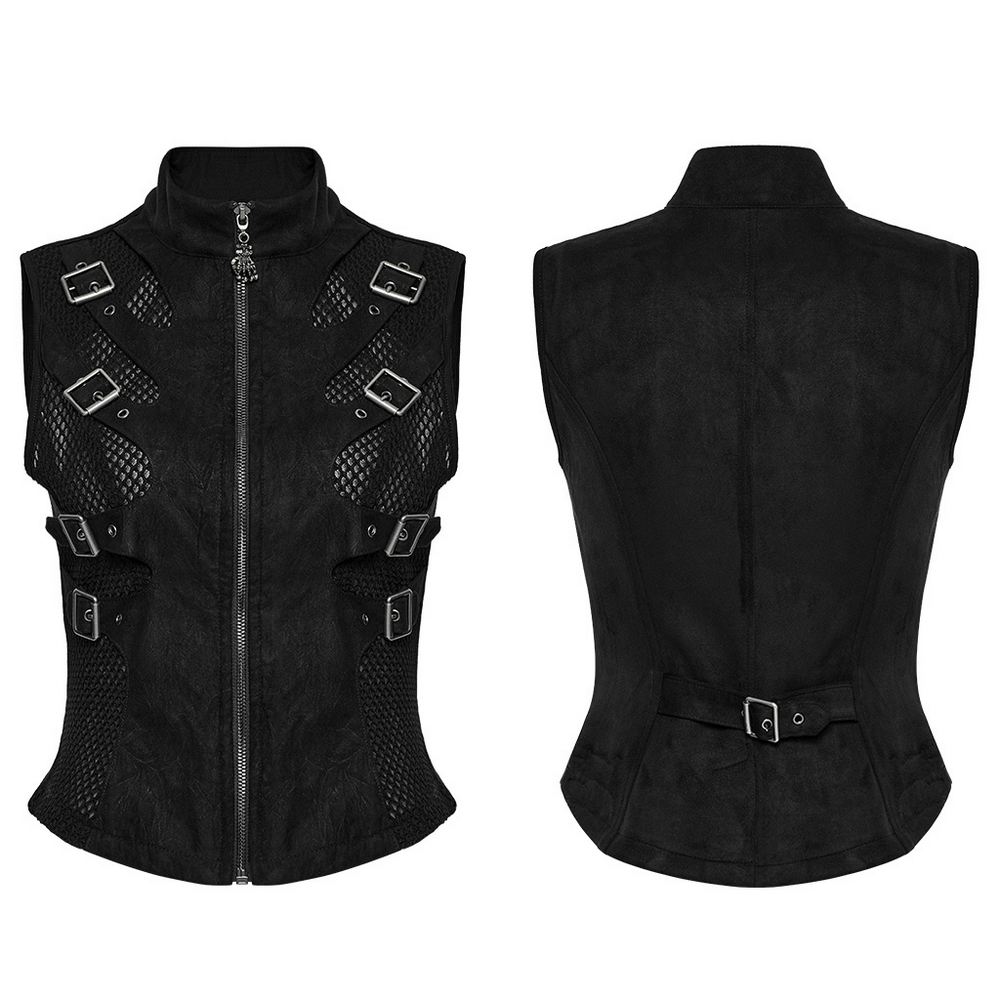 Gothic Punk Suede Buckle Vest with Skeleton Cutouts
