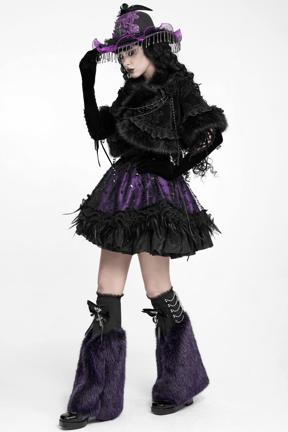 Gothic Purple Faux Fur Leg Warmers with Buckles