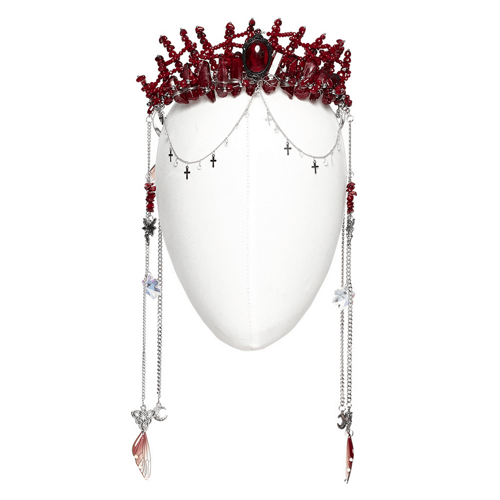 Gothic Red Crystal Crown with Silver Cross Tassels