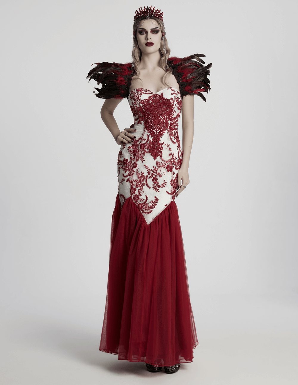 Gothic Red Crystal Crown with Silver Cross Tassels