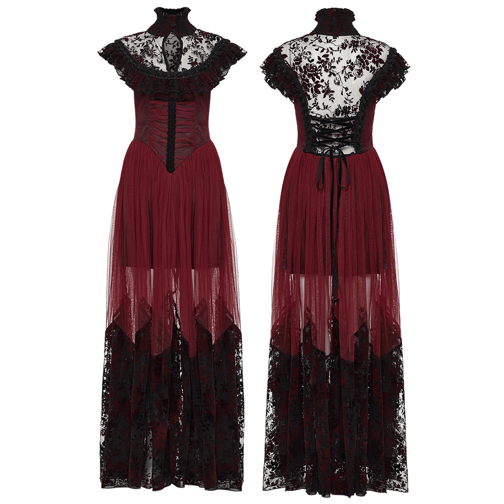 Gothic Red Lace and Mesh Flying Sleeve Maxi Dress