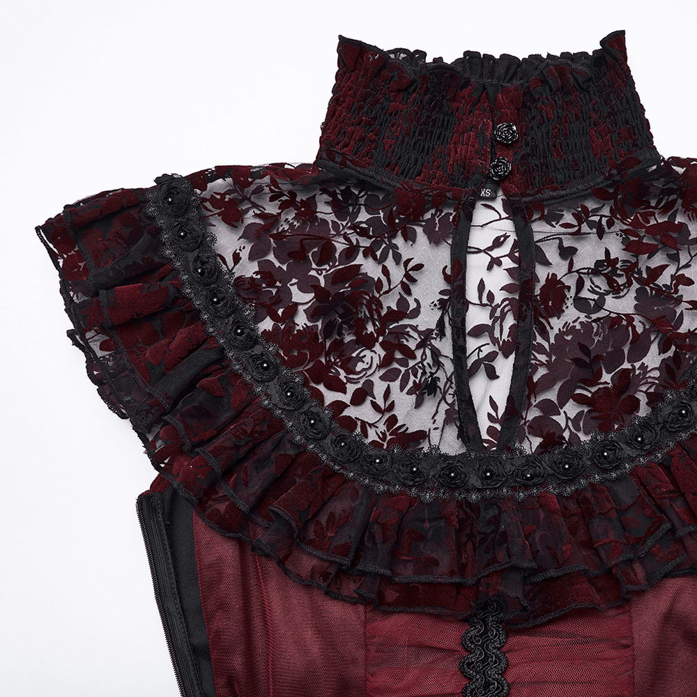 Gothic Red Lace and Mesh Flying Sleeve Maxi Dress