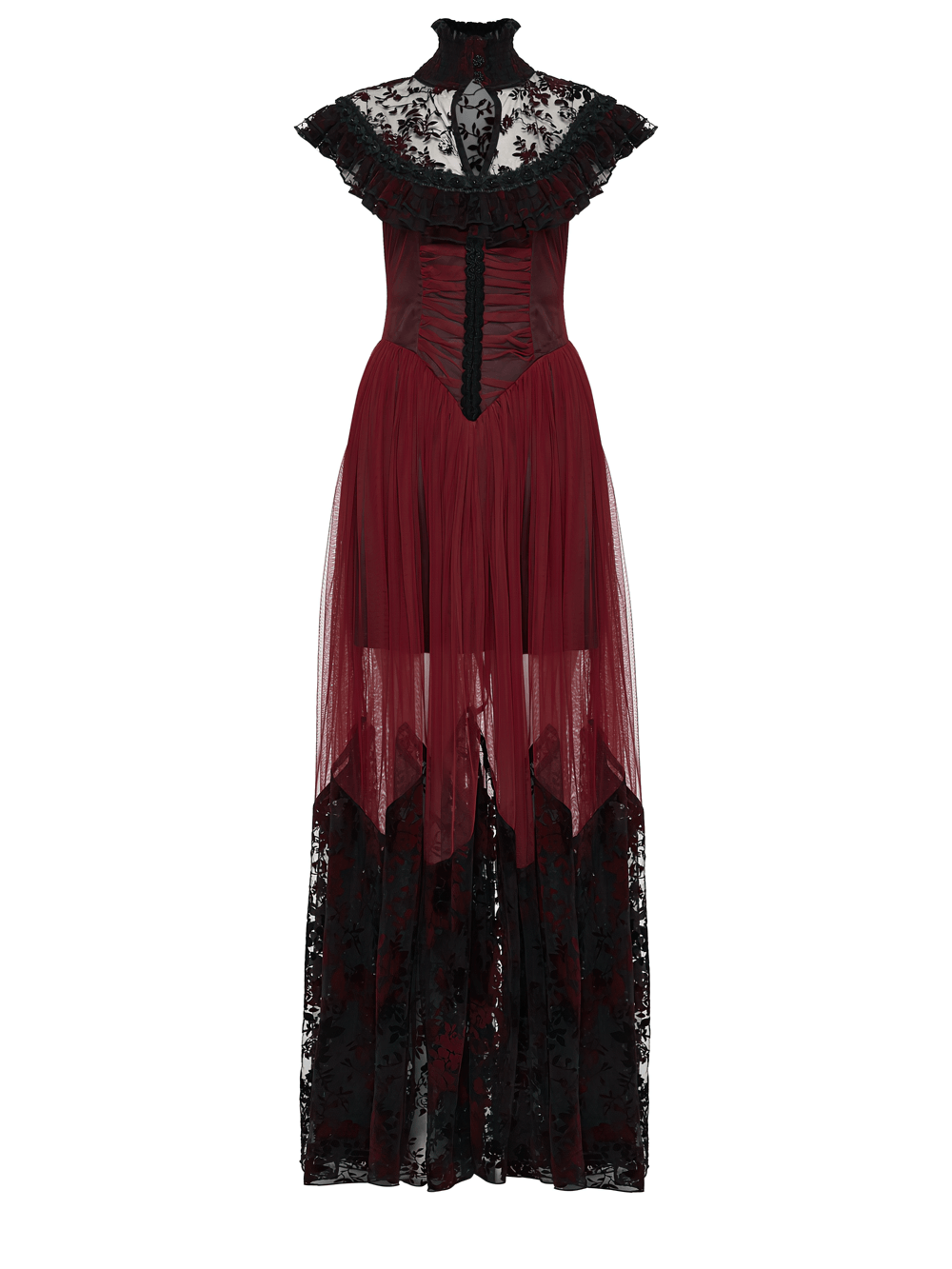 Gothic Red Lace and Mesh Flying Sleeve Maxi Dress