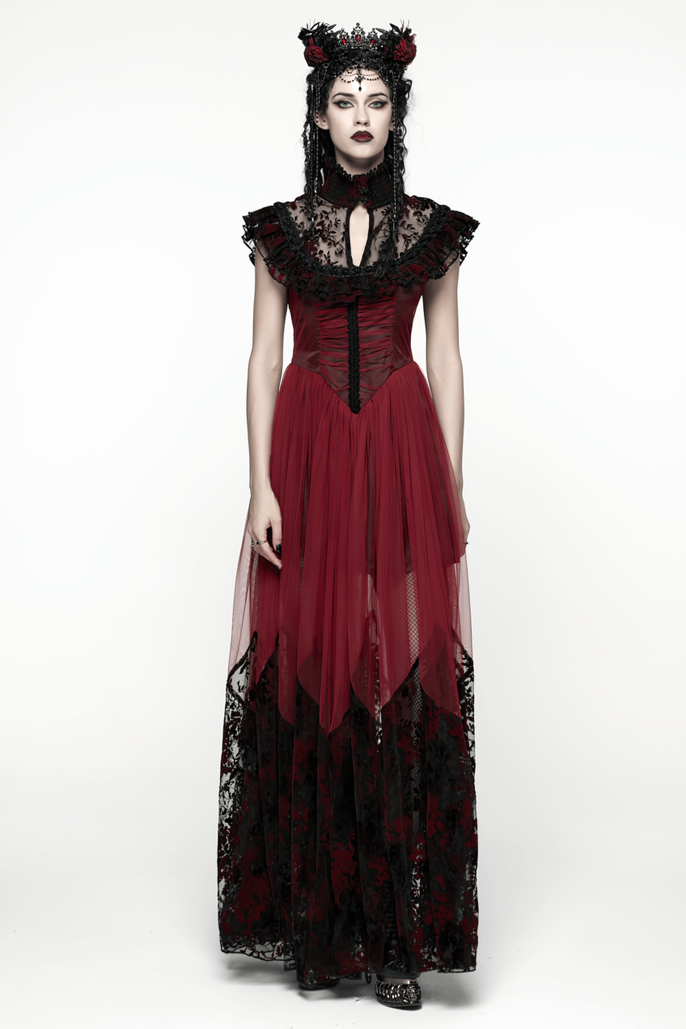 Gothic Red Lace and Mesh Flying Sleeve Maxi Dress