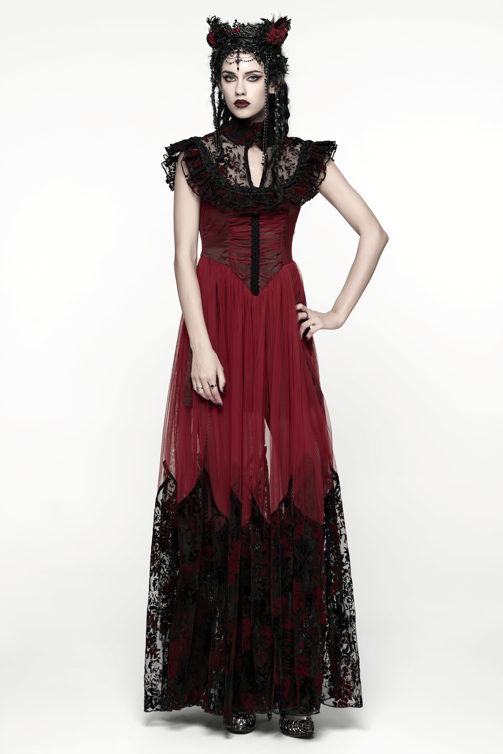 Gothic Red Lace and Mesh Flying Sleeve Maxi Dress